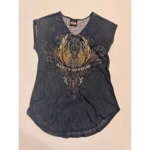 Women's Harley Davidson Embellished Black Sheer Short Sleeve T-Shirt Black S